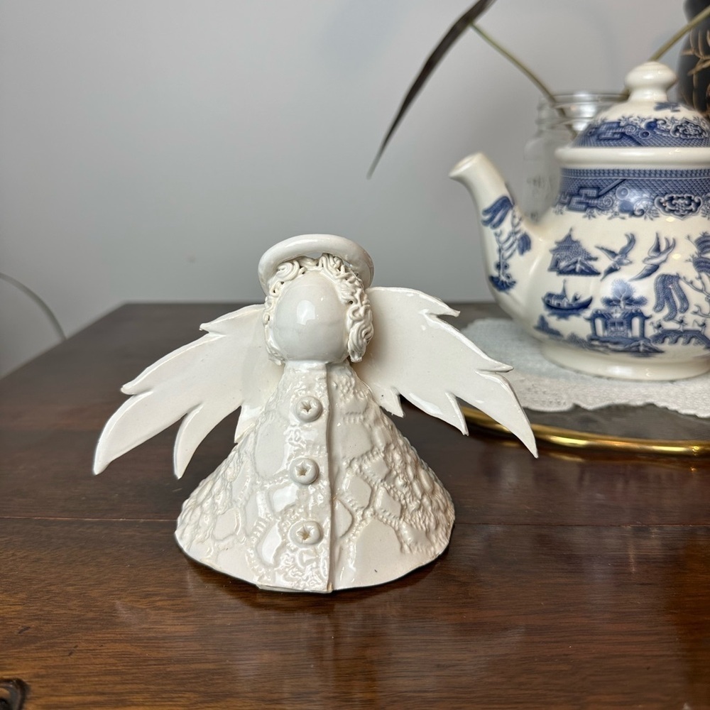 White Ceramic Angel Figurine Olive Detail Noodle